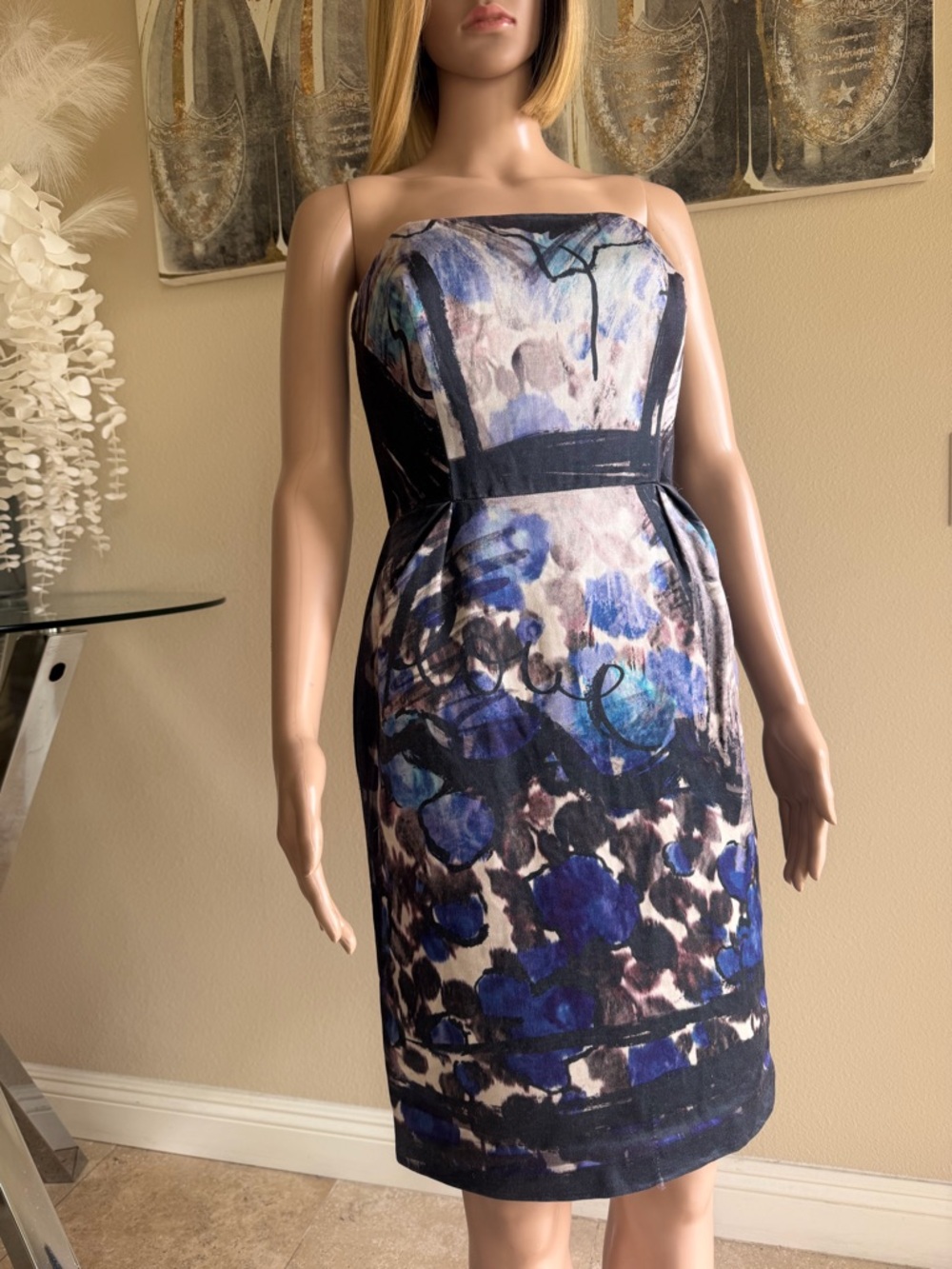 Lanvin 100% Silk Strapless Floral-Print Sheath Dress in Blue and Black